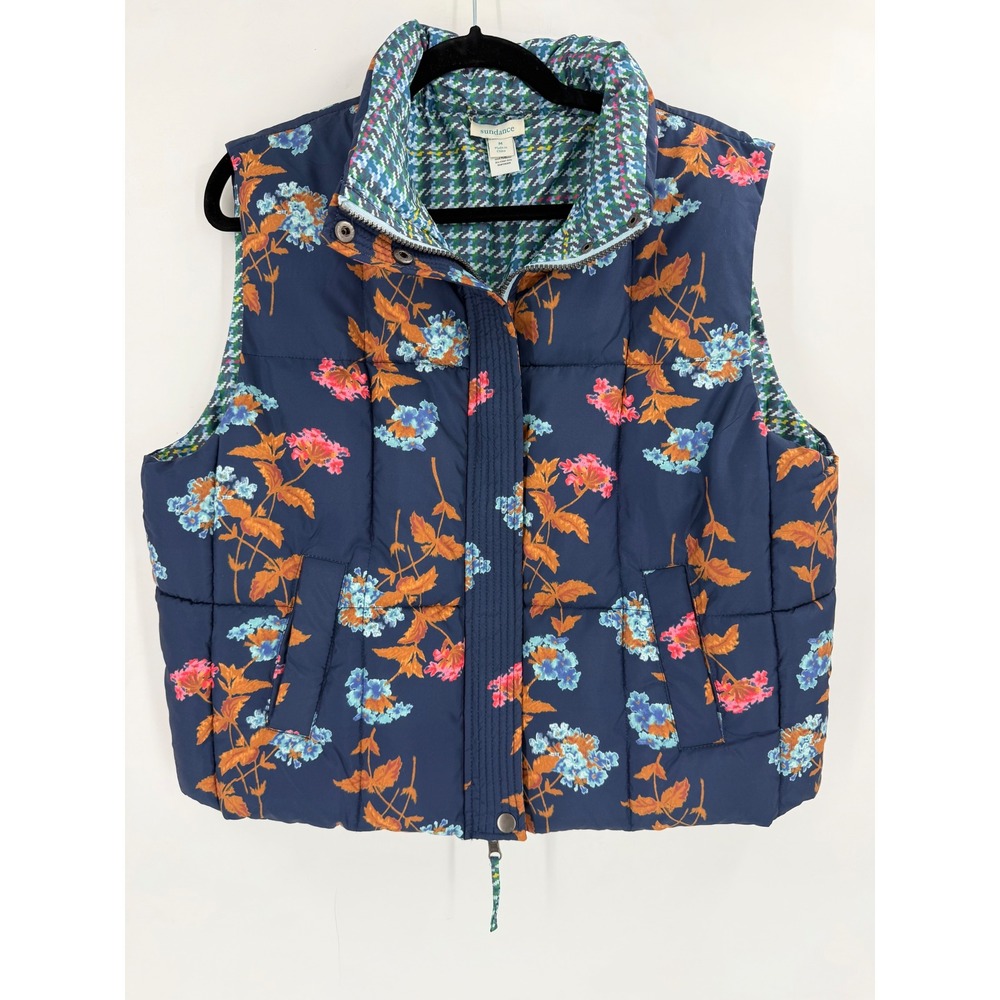 Sundance Tundra Bloom Vest Womens‎ M Navy Floral Reversible Puffer Cottagecore
